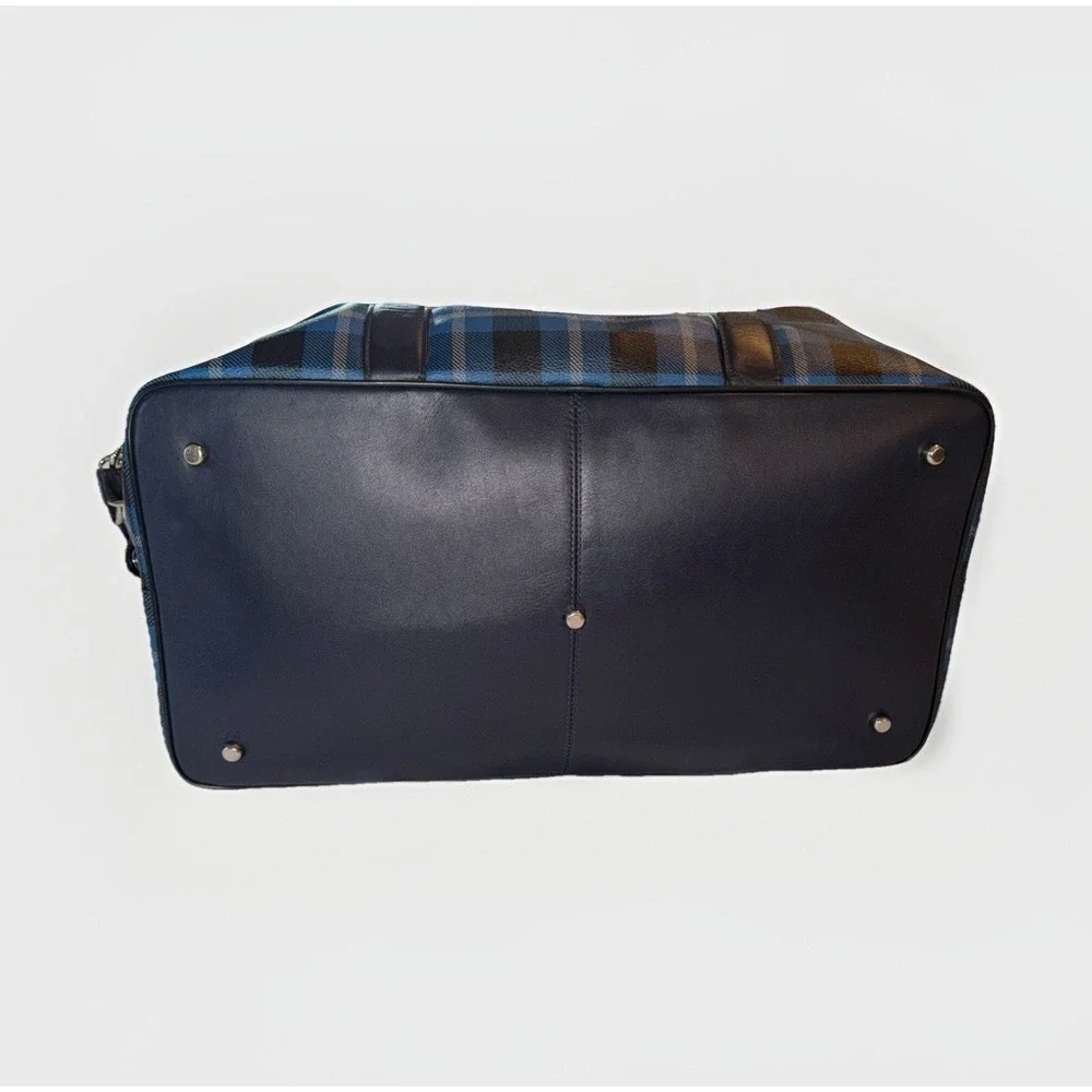 Coach Weekender Duffel Bag Blue Black Plaid Leather Trim Silver Hardware 17X11X9